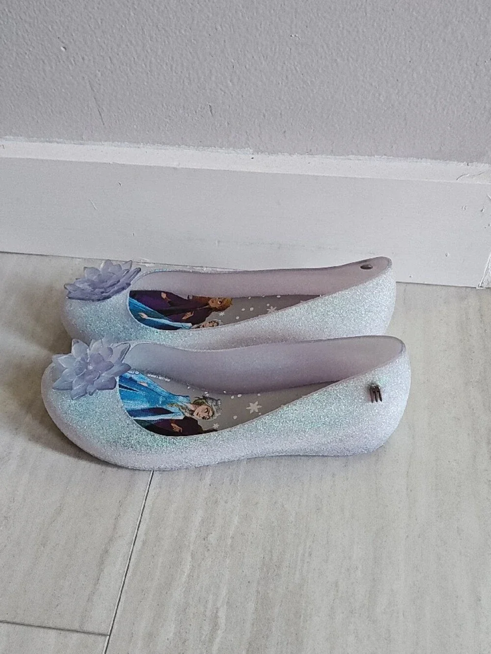Mini Melissa Iridescent Glitter Ballet Flats with Flower Accent Size 4 Youth